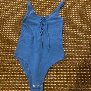 Blue cotton lace up top shop bodysuit
